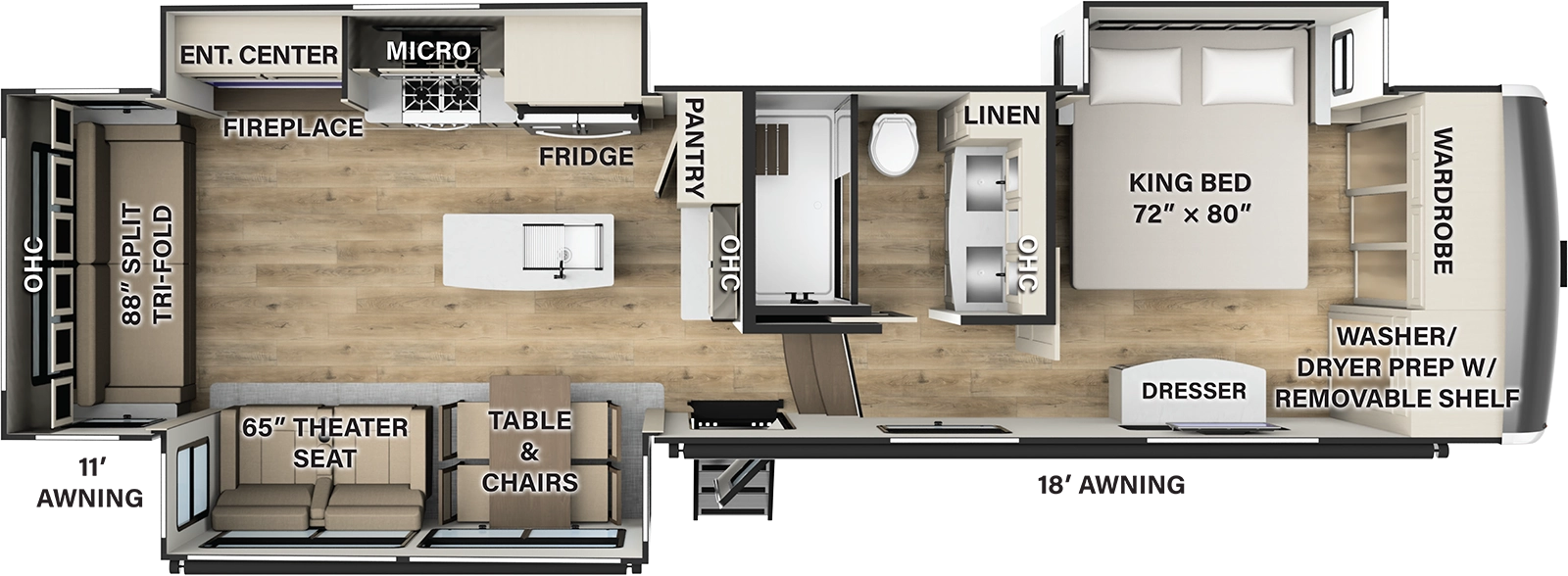 The 329DV has 3 slide outs, two on the road side and one on the camp side, along with one entry door on the camp side. Interior layout from front to back: front bedroom with king bed in the road side slide out; side aisle bathroom; kitchen living dining area with road side slide out containing cooktop and oven, overhead microwave, residential refrigerator, and TV entertainment area; the camp side slide containing freestanding table and chairs and theater seating; kitchen island with double basin sink. 